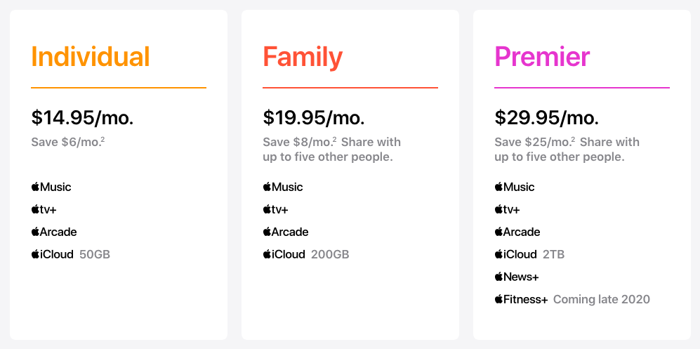 Apple One plans and pricing screenshot